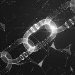 Blockchain security digital technology concept with glowing blue digital chain on dark backdrop. 3D rendering.